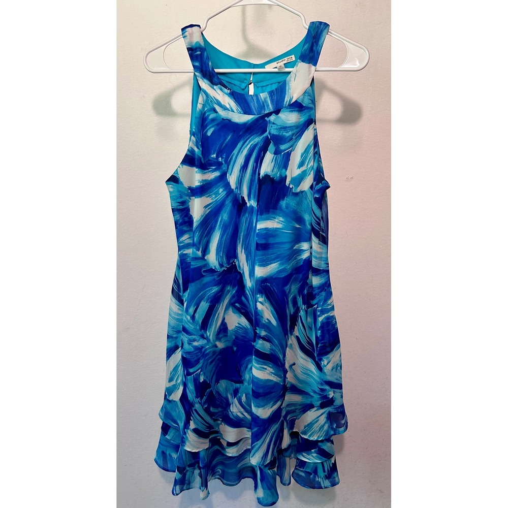 Studio One New York Blue Abstract Print Tiered Ruffle Halter Dress Size 14